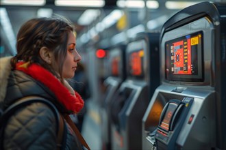 Young woman purchasing a ticket from a machine at a subway station, AI generated