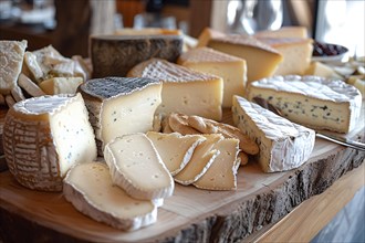 A variety of artisanal cheeses displayed on a wooden platter, AI generated