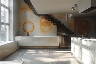 Minimalist home interior with a unique staircase and wall art, filled with sunlight, AI generated