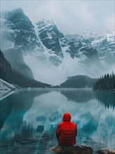 Person in red jacket sitting by a reflective mountain lake, AI generated