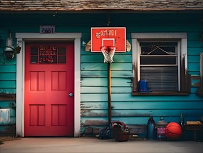 90s style basketball hoop suspended above a garage door, AI generated