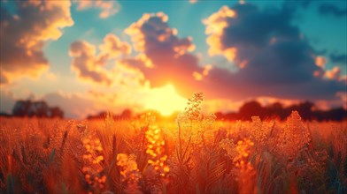 Wildflowers basking in the warm glow of a field at sunset, relaxation, recreation, serenity,