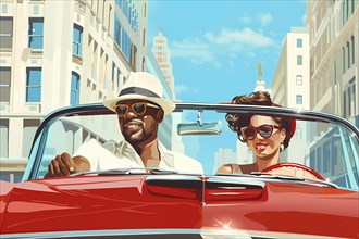 Elegant couple driving a convertible through the city on a sunny day, illustration, AI generated