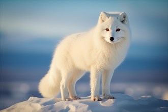 White Arctic fox standing on a snowy hill. The beauty and resilience of the fox in its natural
