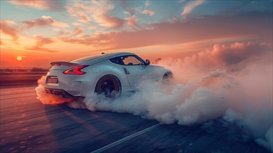 Japanese retro vintage classic White sports car drifting on a road with smoke trailing behind at