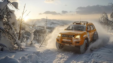 A rugged off-road vehicle forges through snow during a brisk sunrise, AI generated