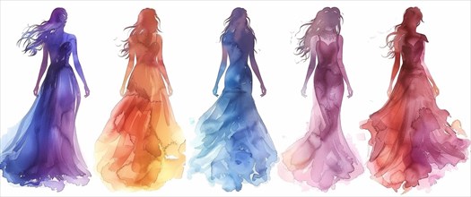 Elegant women in gradient watercolor dresses from blue to red, showcasing fashion and movement,