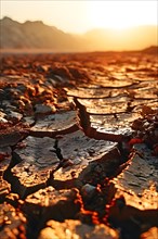Heatwave stricken terrain displaying cracked desolated soil scorched under a blazing sun, AI