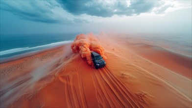 Black suv Car speeding on desert dunes, trailing vivid orange smoke, near the sea coast, ai