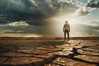 A farmer stands on a parched, cracked earth surface on the horizon a storm with heavy rain is