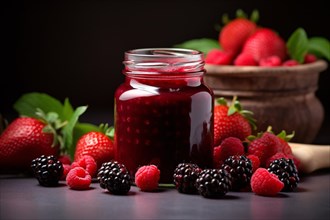 Glass jar with berry fruit mix jam or marmelade on dark background. KI generiert, generiert, AI