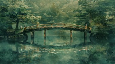 A wooden bridge spans across a misty river in a tranquil, ethereal forest scene, ai generated, AI
