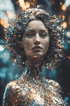 Gentle expression captured on a female covered in a detailed metallic outfit with golden hues, ray