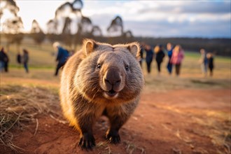 Cute wombat animal in nature with people in blurry background. KI generiert, generiert, AI