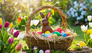 An Easter basket with a chocolate bunny surrounded by colourful eggs and tulips in the sunlight,