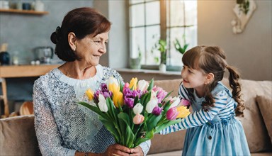 A girl gives a smiling older woman a colourful bouquet of tulips, AI generated, AI generated