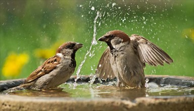 Animals, bird, sparrow, house sparrow, Passer domesticus, two sparrows bathing, KI generated, AI