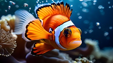 Vibrant clownfish darting through anemones, AI generated, deep sea, fish, squid, bioluminescent,