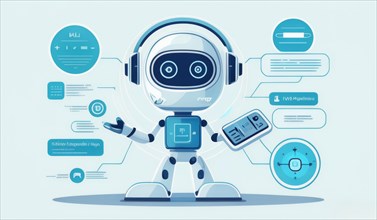 Cartoon robot with infographic elements on a friendly blue technology background, ai generated, AI