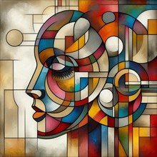 Modern abstract geometric design of a stylized face with colorful stained glass patterns, square
