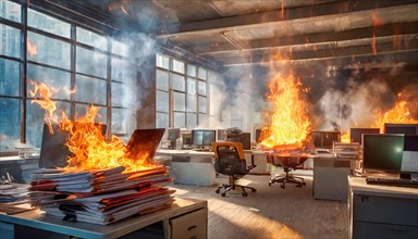 An office is on fire, smoke rises and sunlight shines through the windows, symbolising bureaucracy,