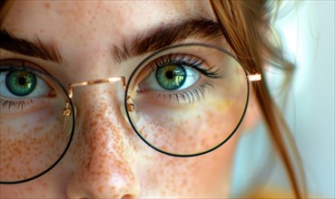 Close-up of a woman with green eyes and freckles focusing through black-rimmed glasses AI generated