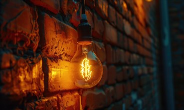 Warm ambiance at night created by an Edison bulb hanging against a brick wall AI generated