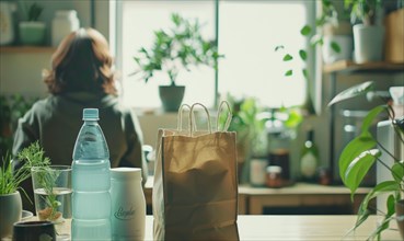 A woman in a serene kitchen setting with plants, a shopping bag, and natural window light AI