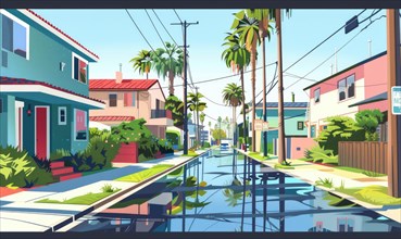 Colorful street and houses in a sunny neighborhood with reflections on water under a clear sky, AI