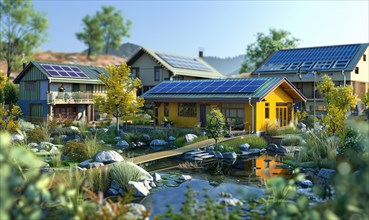 Eco-friendly homes with solar panels connected by a footbridge in lush surroundings AI generated