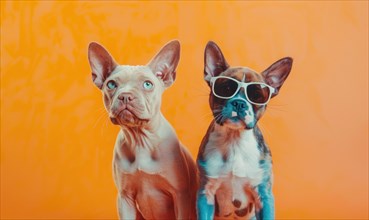 Two curious dogs wearing sunglasses against an orange background, one hairless and one spotted AI