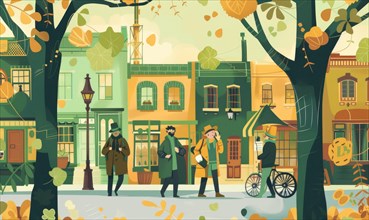 Illustration of people walking in a city street. Autumn season AI generated