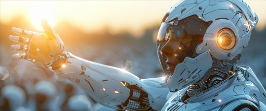 Futuristic robotic figure reaching out with mechanical parts visible in sunlight, AI generated