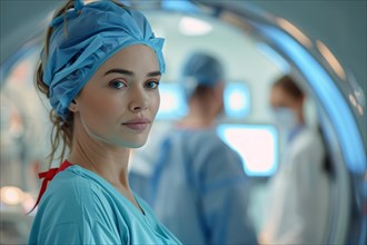 Confident female surgeon in blue scrubs stands in an operating room, AI generated