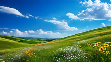 Rolling green hills embrace a vibrant quilt of wildflowers in summer, AI generated