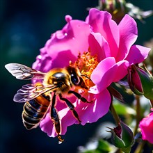 Bee engaged in the delicate task of nectar collection from a rose essence of summer garden