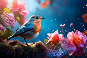 Robin bird vibrant plumes spread launching from flowering summer garden, AI generated