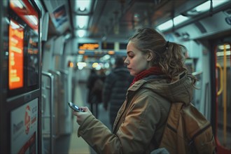 Young woman using a smartphone while waiting at a subway station, urban technology scene, AI