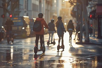 People commute on electric scooters along a wet city street in the morning light, AI generated