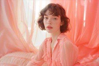 A woman in a soft pink setting gives a delicate gaze that evokes an ethereal mood, AI generated