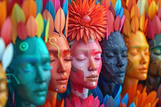 Sculptured faces with intricate floral designs and a burst of colors, illustration, AI generated