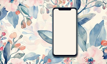 Smartphone with blank screen mockup on delicate watercolor floral seamless background AI generated