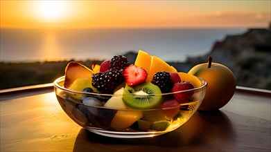 Glass bowl brimming with colorful fruit salad perched on a cliffs edge vast ocean, AI generated