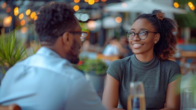 African woman with glasses smiling engaging in casual conversation with a man at an outdoor dining