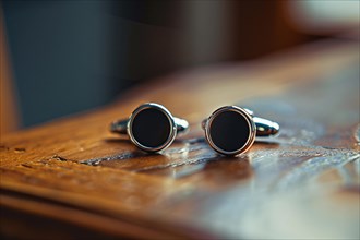 Close-up of elegant cufflinks on a wooden surface, AI generated