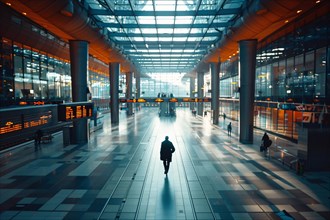 Silhouette of a traveler in a spacious airport with geometric patterns and blue hues, AI generated