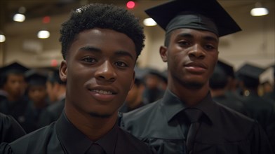 Two proud young black men wearing graduation caps and gowns, AI generated