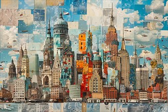 Colorful abstract collage of mixed media depicting various skyscrapers and urban landmarks,