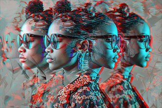 Anaglyph image with 3D glasses effect showing multiple profiles in modern fashion, illustration, AI