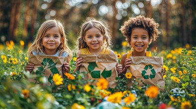 Three joyful children holding bags with recycling symbols surrounded by yellow flowers outdoors,